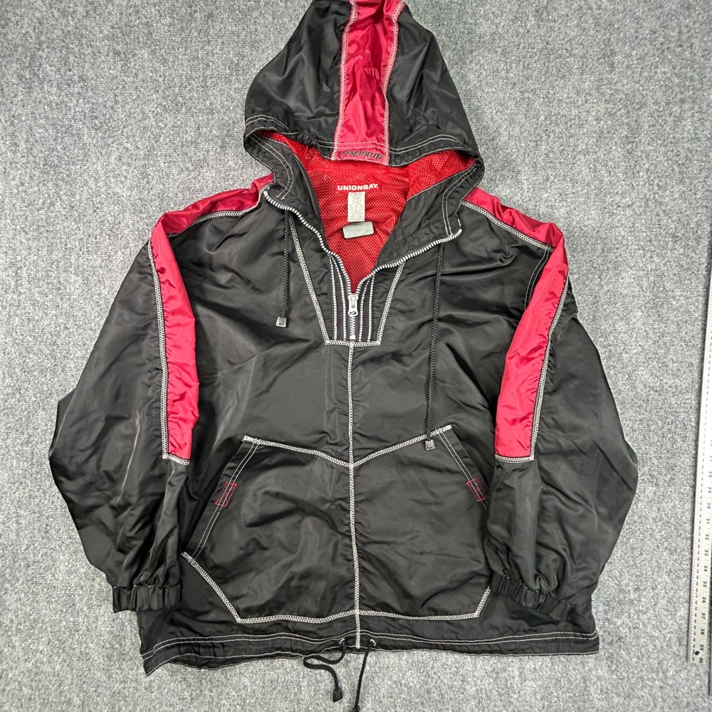 Unionbay Mens‎ XL Vintage Windbreaker Jacket Black Red Contrast Stitch Anorak